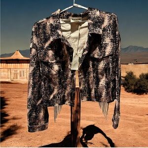 Western snake Printed Corduroy Jacket with Rhinestone back cut out with pockets